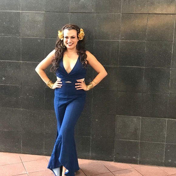 Denim Flare Bottom Jumpsuit - Picture 3 of 7